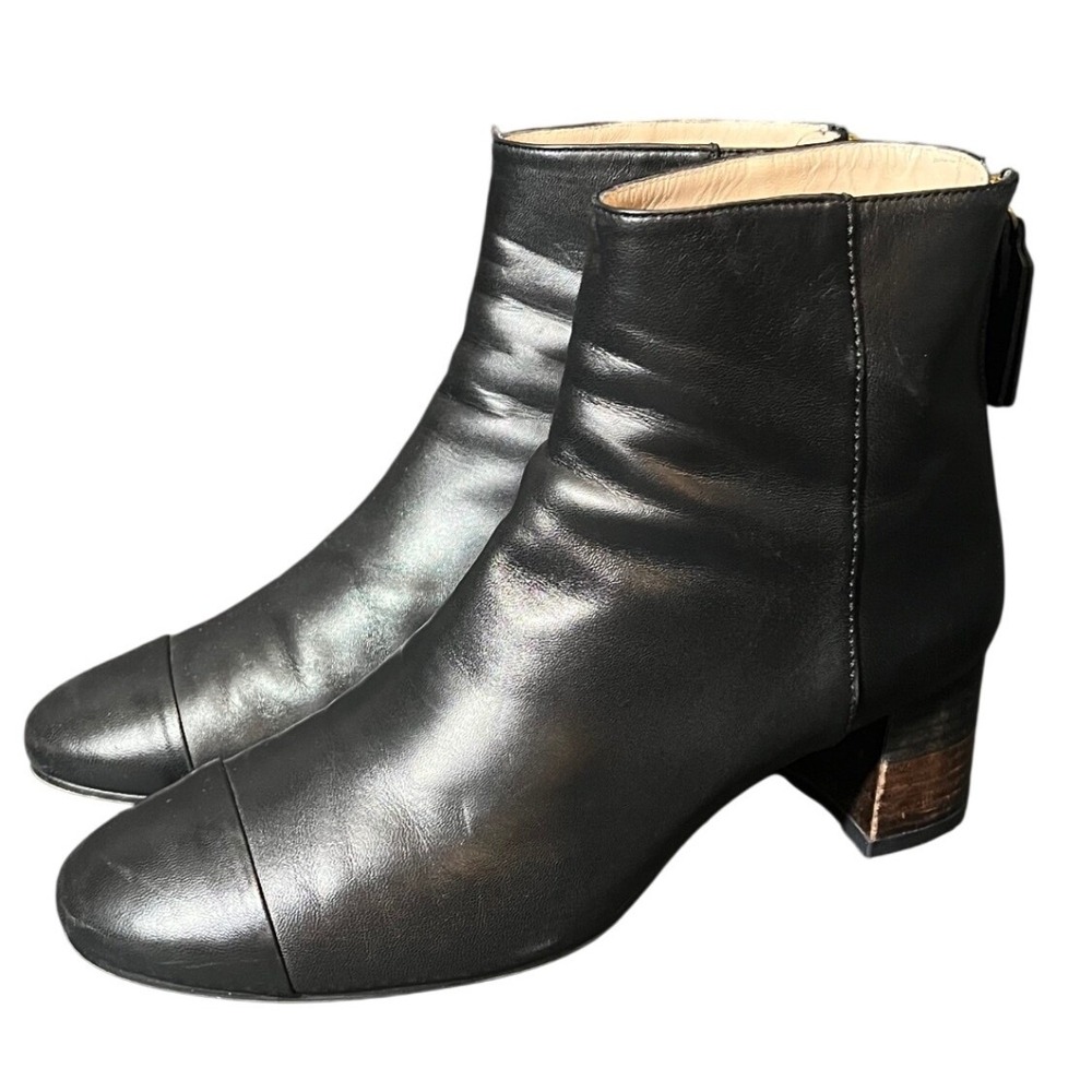 Stuart Weitzman Ankle Boots Womens 8.5 Black Leather Cap Toe Block Wood Heel